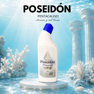 Ambientador Poseidón Pentacalino de Laboncler 750 ml sobre fondo inspirado en el mar, con diseño elegante para tienda online.
