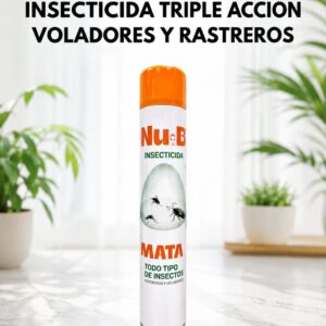Insecticida triple acción Nu-B para insectos voladores y rastreros en spray, presentado sobre fondo limpio para tienda online.