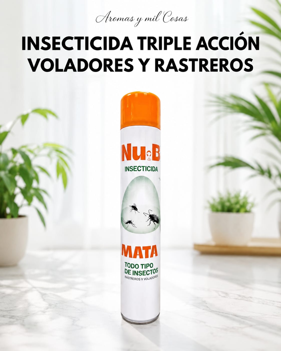 Insecticida triple acción Nu-B para insectos voladores y rastreros en spray, presentado sobre fondo limpio para tienda online.
