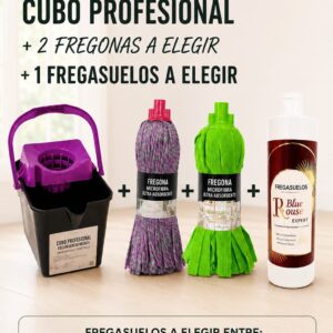 Pack cubo profesional con 2 fregonas de microfibra y fregasuelos a elegir