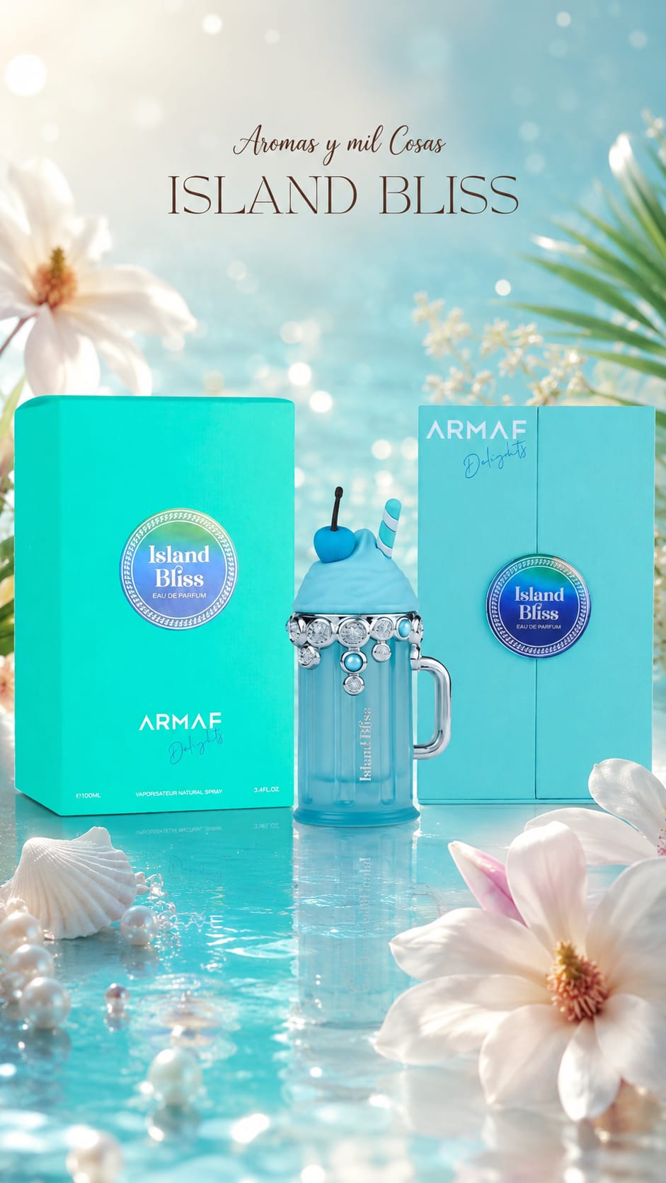 Perfume Armaf Island Bliss Eau de Parfum 100 ml con frasco y presentación original en tonos turquesa