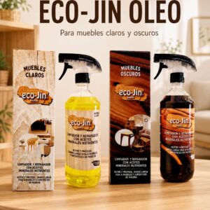 Eco-Jin Óleo para muebles claros y oscuros con dos envases y sus cajas, ideal para limpiar, nutrir y proteger superficies de madera.