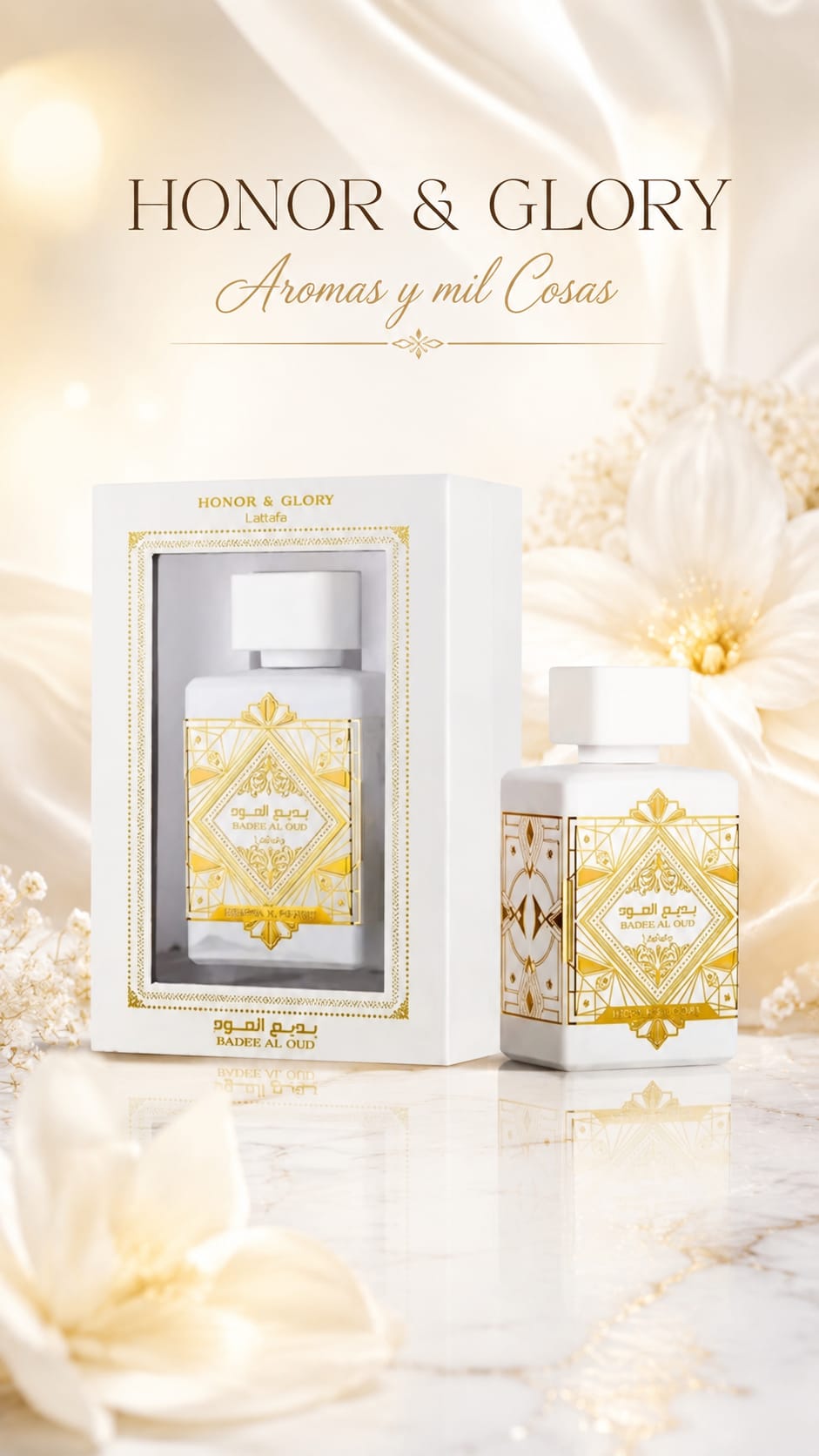 Perfume Honor & Glory de Lattafa con frasco blanco y dorado junto a su caja, sobre fondo claro y elegante