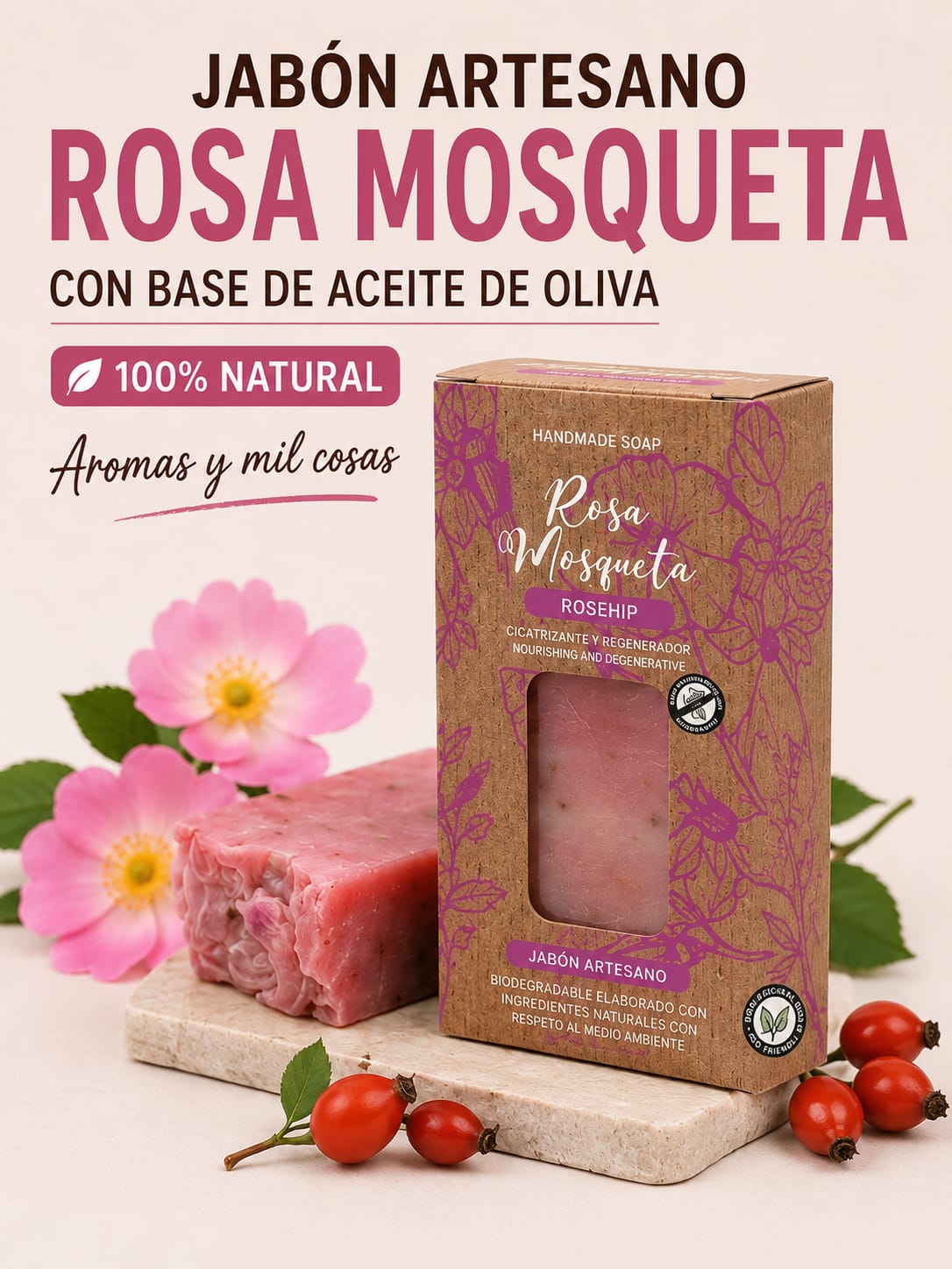 Jabón Artesano Rosa Mosqueta 100gr con Base de Aceite de Oliva
