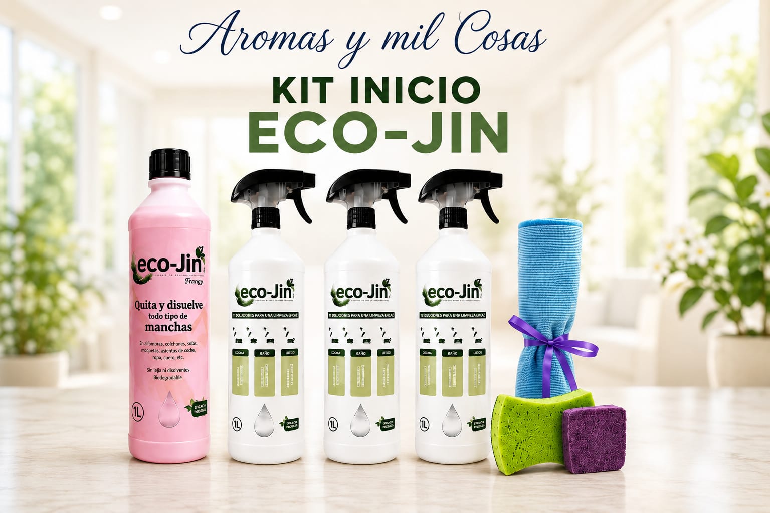 Kit Inicio Eco-Jin Laboncler con limpiador concentrado, 3 difusores, bayeta y estropajos