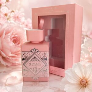 Perfume Lattafa Badee Al Oud Noble Blush Eau de Parfum con frasco rosa y caja original