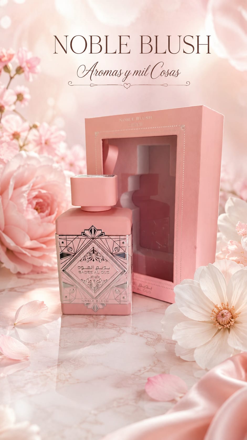 Perfume Lattafa Badee Al Oud Noble Blush Eau de Parfum con frasco rosa y caja original