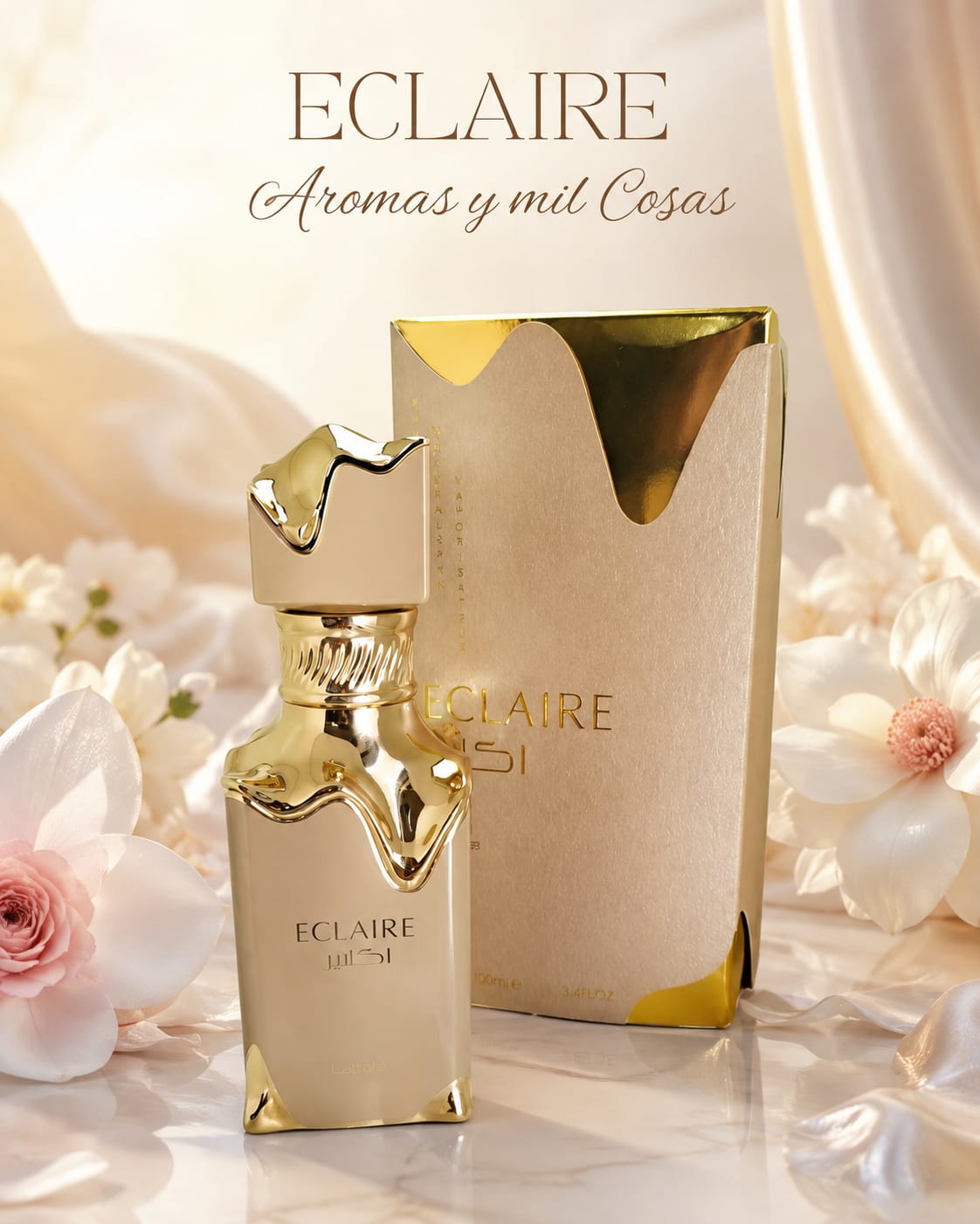 Perfume Lattafa Eclaire Eau de Parfum 100 ml con frasco dorado y caja original