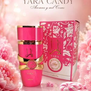 Perfume Lattafa Yara Candy Eau de Parfum 100 ml con frasco rosa y caja original