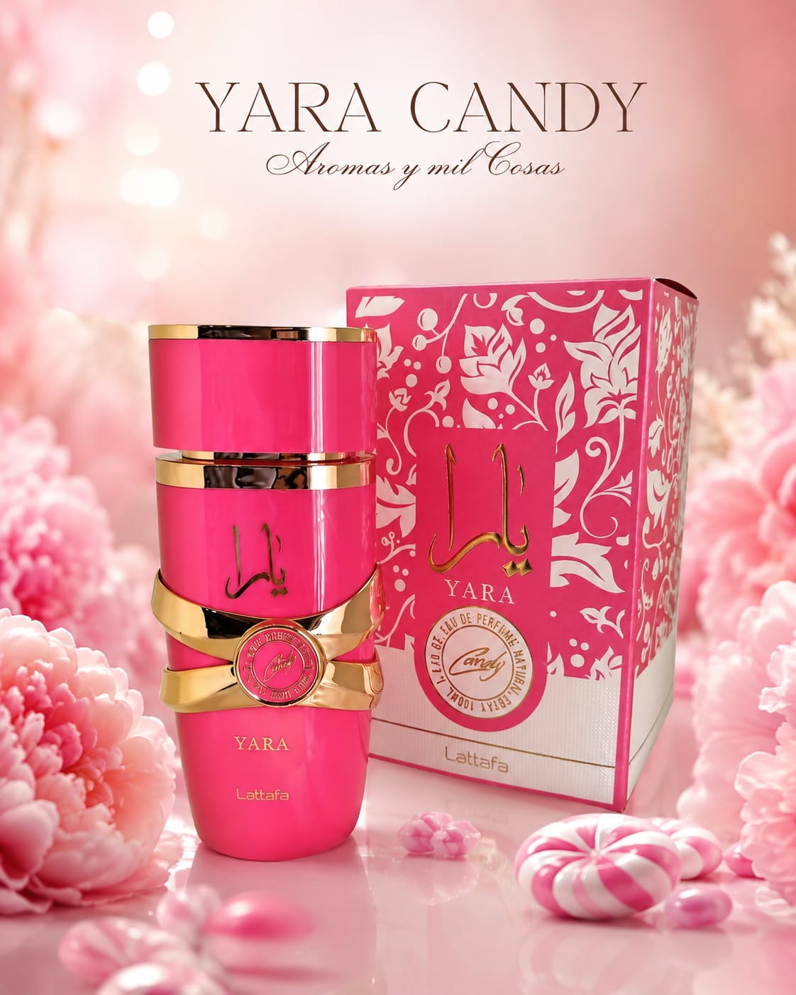 Perfume Lattafa Yara Candy Eau de Parfum 100 ml con frasco rosa y caja original