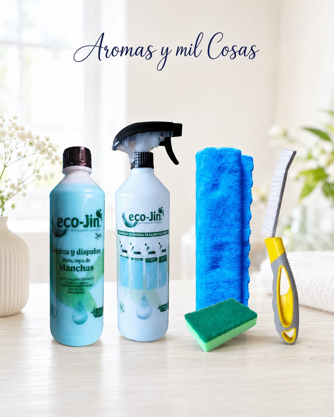 Pack Eco-Jin con difusor, bayeta de microfibra, estropajo y cepillo de juntas