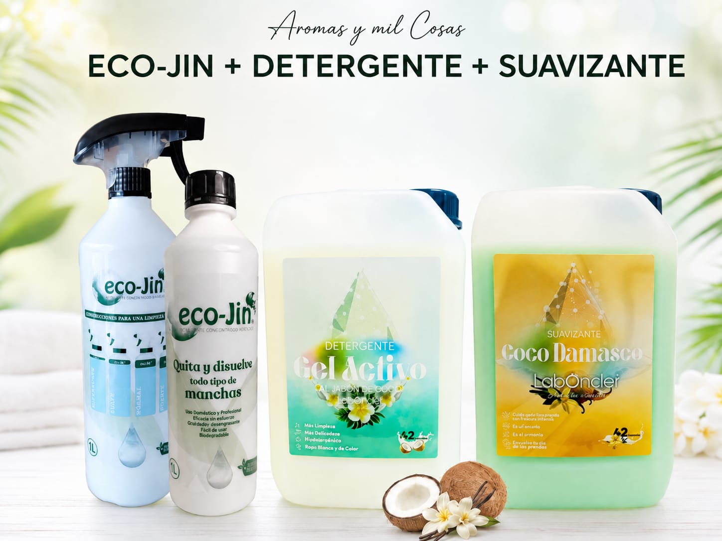 Pack Eco-Jin con detergente Gel Activo Jabón de Coco y suavizante Coco Damasco Laboncler