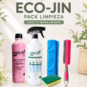 Pack limpieza Eco-Jin con aroma a elegir, difusor espumante, bayeta de microfibra, estropajo y cepillo textil de silicona.