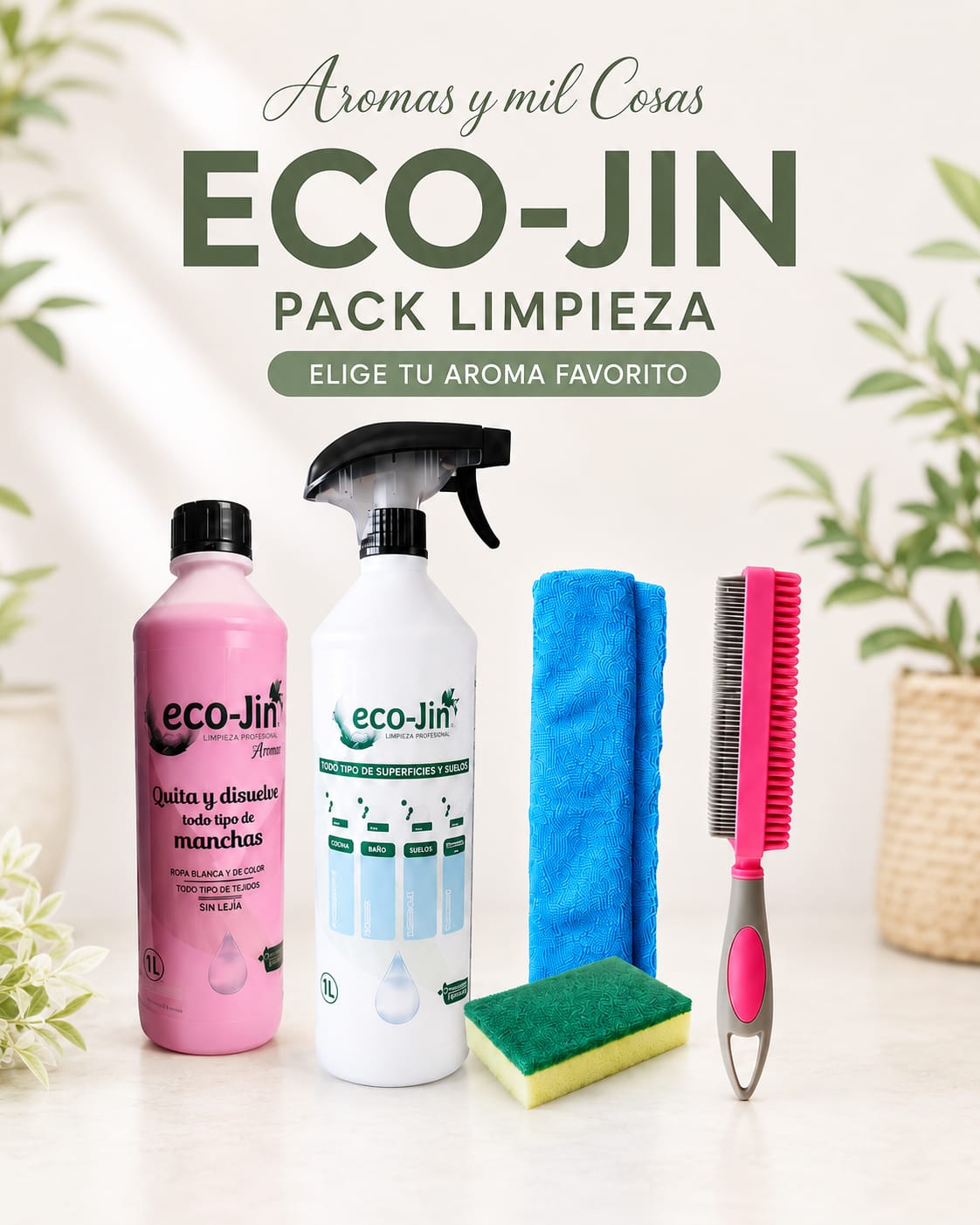 Pack limpieza Eco-Jin con aroma a elegir, difusor espumante, bayeta de microfibra, estropajo y cepillo textil de silicona.