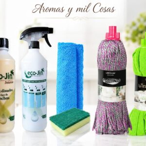 Pack de limpieza con Eco-Jin Intense 1 litro, difusor espumante, bayeta de microfibra, estropajo y dos fregonas Laboncler.