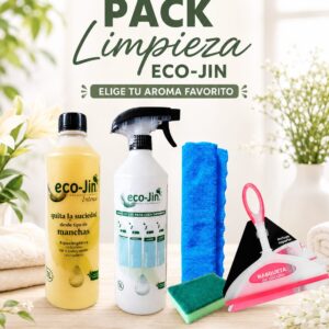 Pack limpieza Eco-Jin con aroma a elegir, difusor, bayeta, estropajo y rasqueta de silicona
