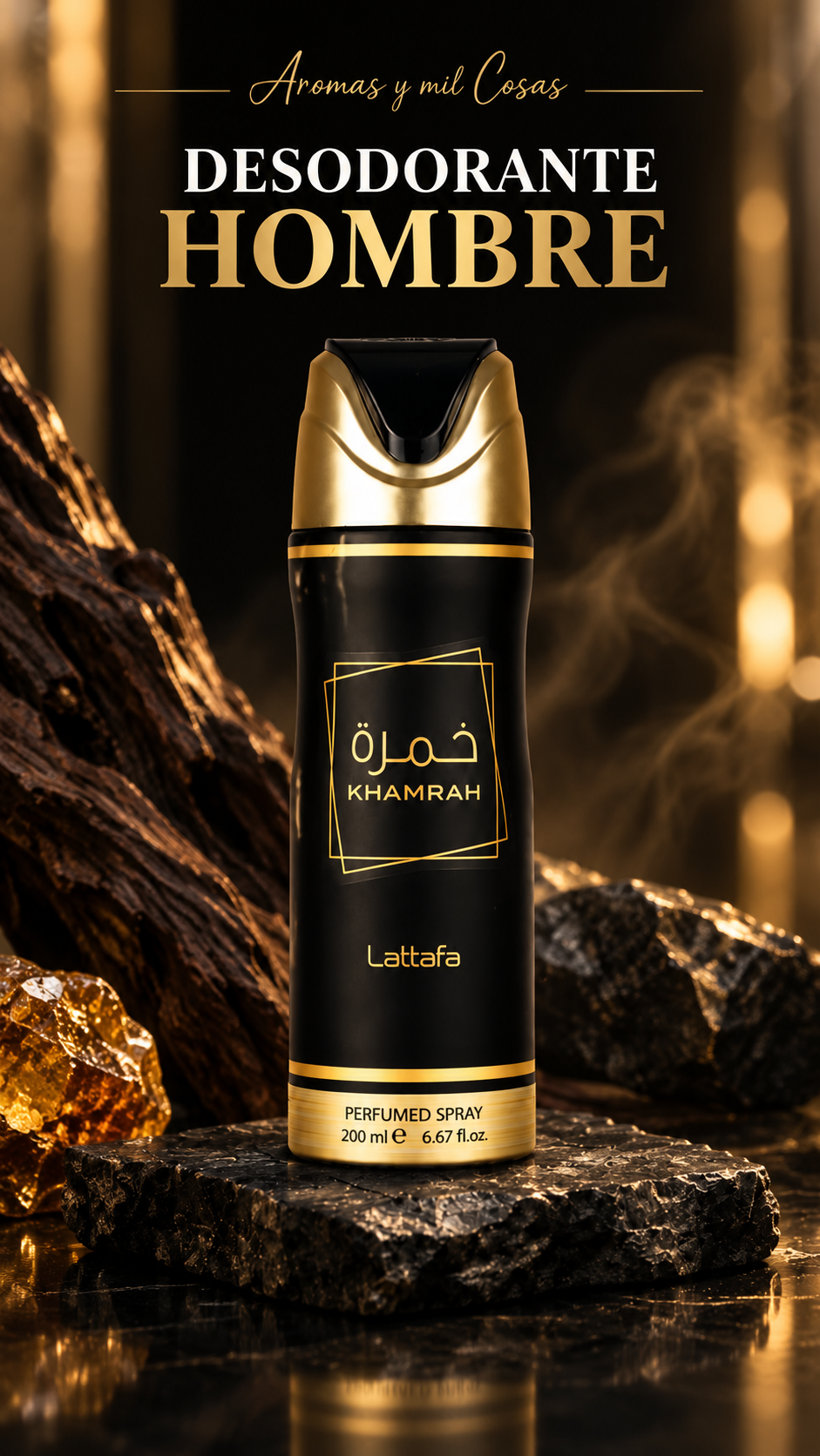Desodorante body spray Khamrah de Lattafa 200 ml en spray, con envase negro y dorado, ideal para uso diario.