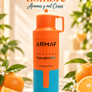 Desodorante body spray Armaf Odyssey Mandarin Sky 200 ml para hombre con envase naranja y azul.