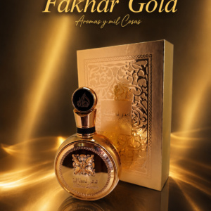 Perfume Fakhar Gold de Lattafa para hombre con frasco dorado y caja original, presentado en una imagen elegante para tienda online.