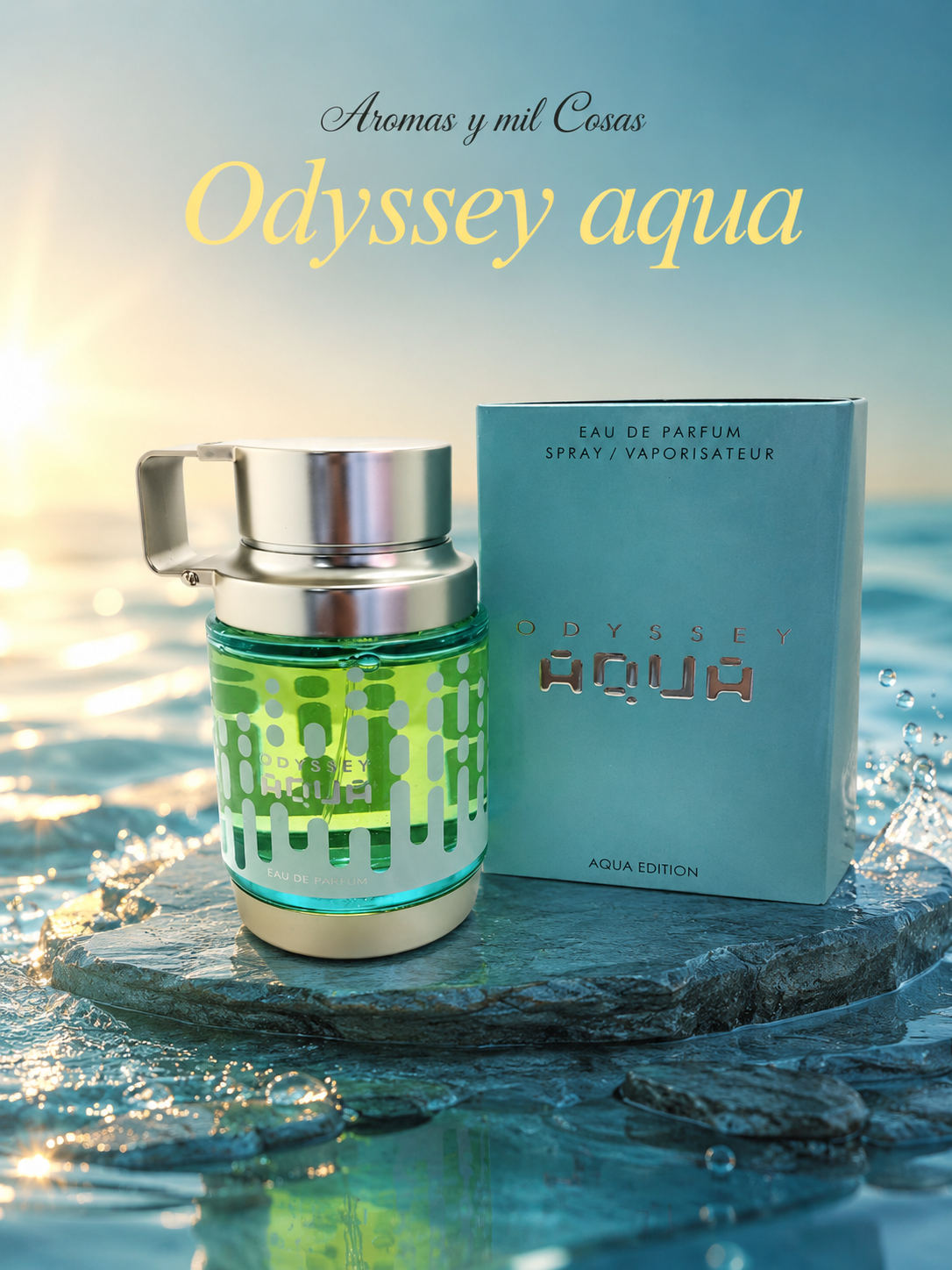 Perfume masculino Odyssey Aqua de Armaf con frasco turquesa y caja original, presentado sobre fondo elegante.