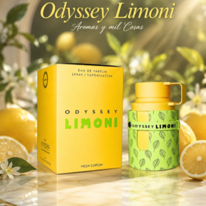 Perfume masculino Odyssey Limoni de Armaf con frasco y caja original en tonos amarillos y verdes.