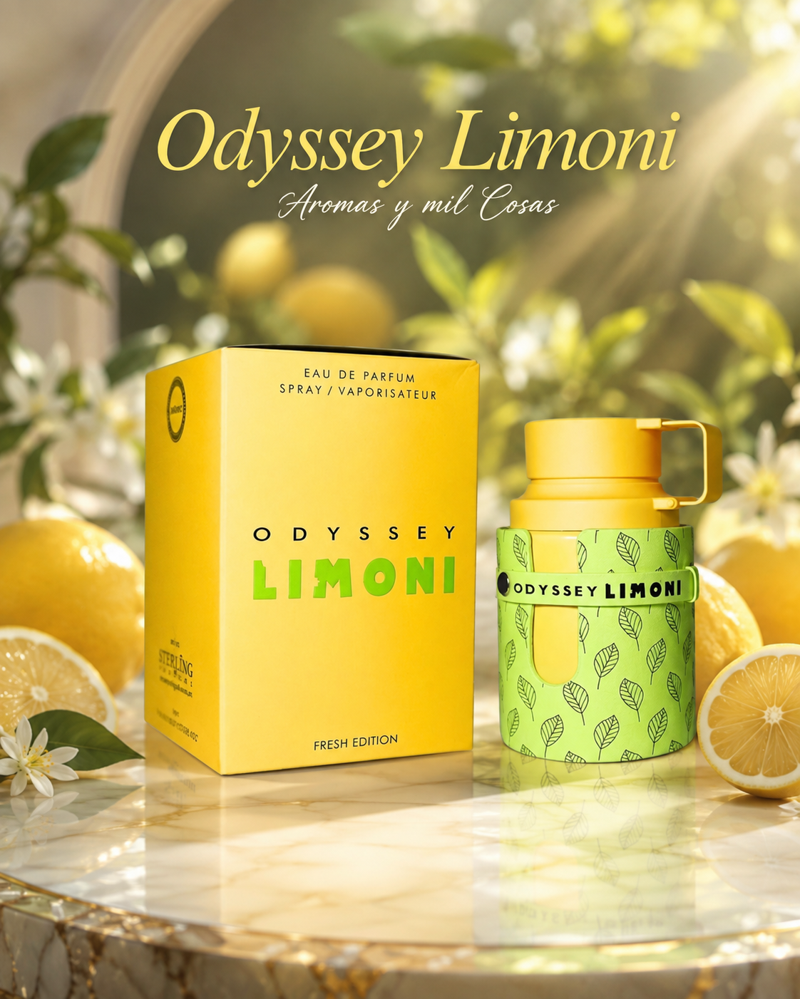 Perfume masculino Odyssey Limoni de Armaf con frasco y caja original en tonos amarillos y verdes.