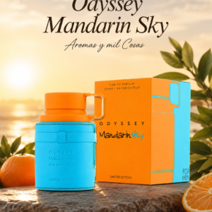 Perfume masculino Odyssey Mandarin Sky con su caja original, presentado sobre fondo elegante y luminoso para tienda online.
