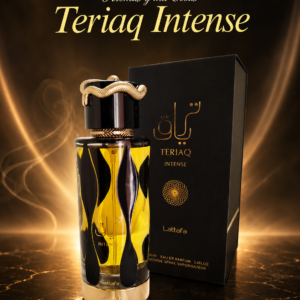 Perfume masculino Teriaq Intense de Lattafa con frasco elegante en tonos negro y dorado junto a su caja, presentado sobre un fondo luminoso para tienda online.